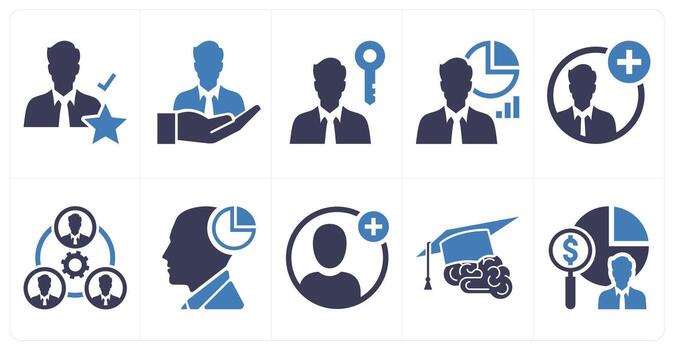 A set of 10 mix icons as best employee, autonomy employee, authentication in blue color vector