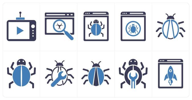A set of 10 mix icons as broadcast, bug fixing, bug in blue color vector