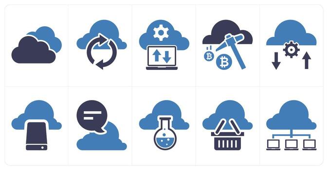 A set of 10 mix icons as cloud, cloud update, cloud computing, cloud mining in blue color vector