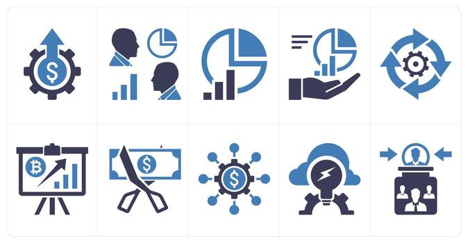 A set of 10 mix icons as cost cutting, competitive analysis, data analysis in blue color vector