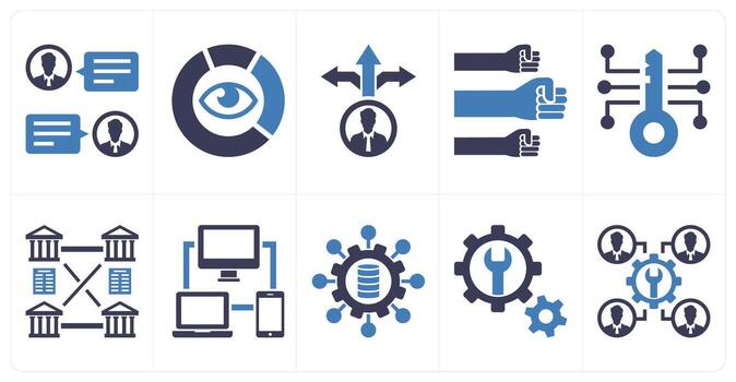 A set of 10 mix icons as discussion, data visulization, decision making in blue color vector