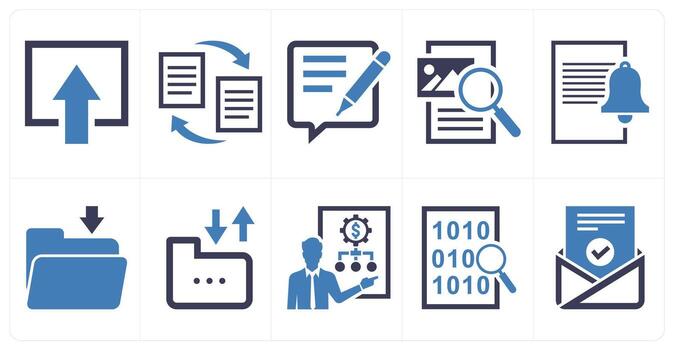 A set of 10 mix icons as file upload, file transfer, feedback writing in blue color vector