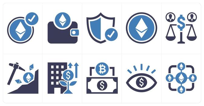 A set of 10 mix icons as ethereum accepted here, ethereum wallet, encrypted in blue color vector