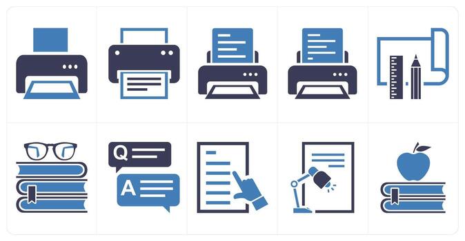 A set of 10 mix icons as printer, project development, reading in blue color vector