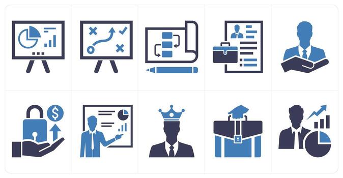 A set of 10 mix icons as presentation, problem solution, planning in blue color vector
