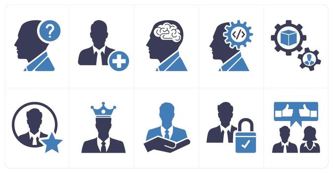 A set of 10 mix icons as question, add user, psychotherapy in blue color vector