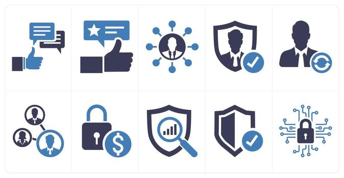 A set of 10 mix icons as reviews, resource allocation, secured profile in blue color vector