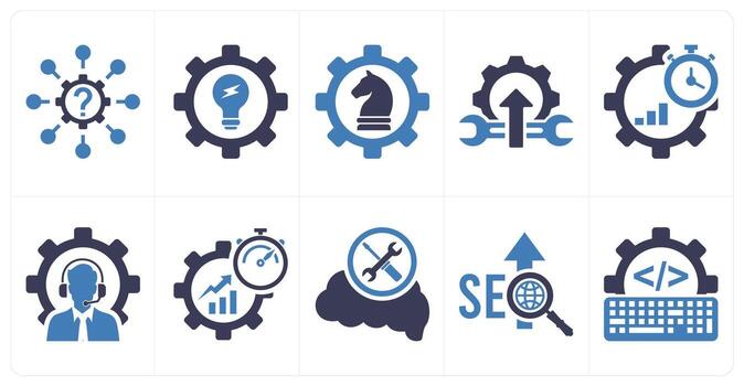 A set of 10 mix icons as support network, solution, strategic management in blue color vector