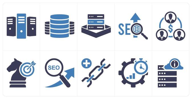 A set of 10 mix icons as server provisioning, server, seo in blue color vector