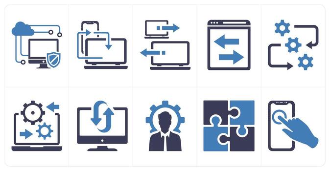 A set of 10 mix icons as technology, synchronize, system sharing in blue color vector