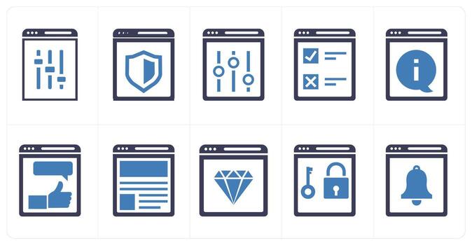 un conjunto de 10 mezcla íconos como web configuración, sitio web seguridad, página web ajustes en azul color vector