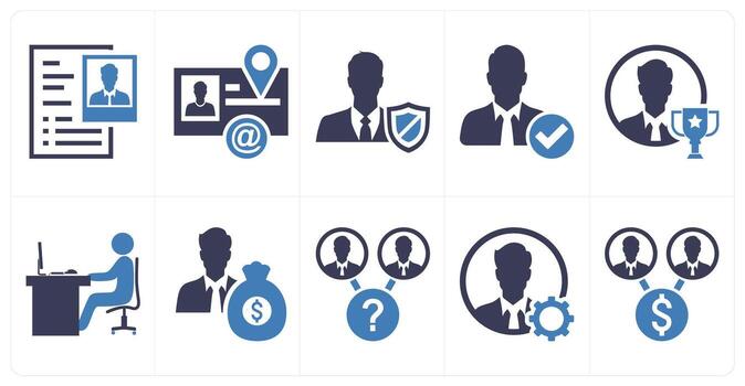 A set of 10 mix icons as user profile, visiting card, user security in blue color vector