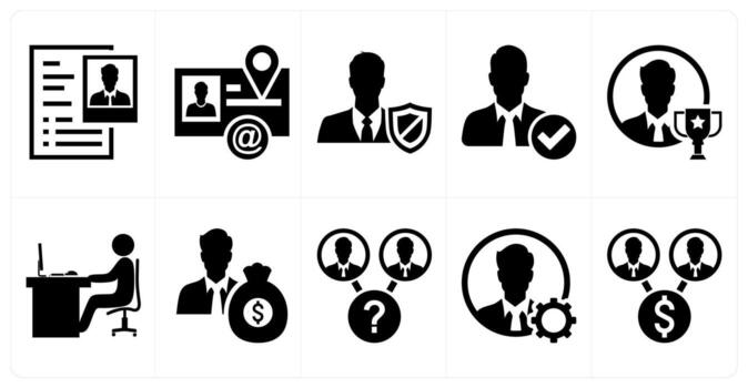 A set of 10 mix icons as user profile, visiting card, user security in black color vector