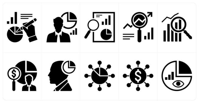 A set of 10 mix icons as bench marking, assessment expert, analytics in black color vector