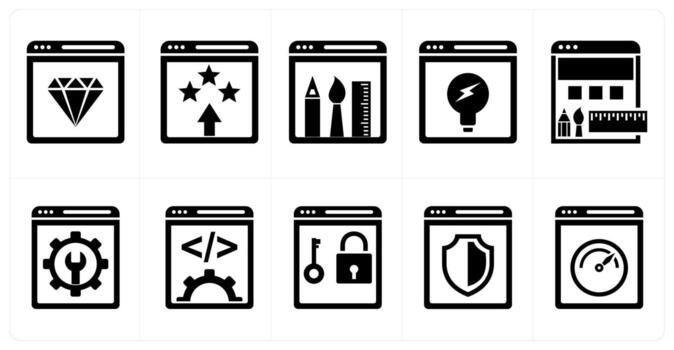 A set of 10 mix icons as website reputation, website ranking, website design in black color vector