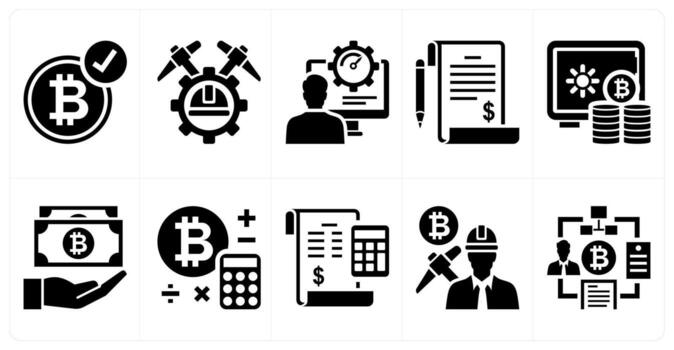 A set of 10 mix icons as bitcoin accepted, bitcoin mining, beta tester in black color vector
