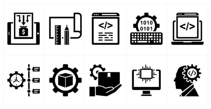 A set of 10 mix icons as project image, project development, programming in black color vector