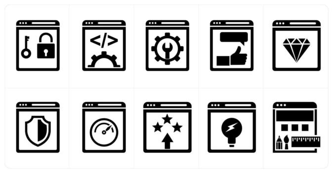 A set of 10 mix icons as website security, website development, website optimization in black color vector