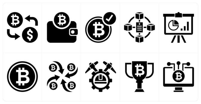A set of 10 mix icons as bitcoin exchange, bitcoin wallet, bitcoin accepted in black color vector