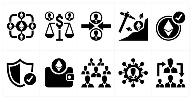 A set of 10 mix icons as ethereum blockchain, equity, employee conflict in black color vector