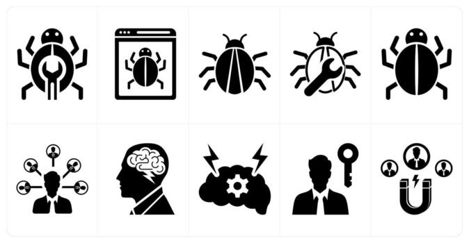 un conjunto de 10 mezcla íconos como bicho, error fijación, negocio conexión en negro color vector