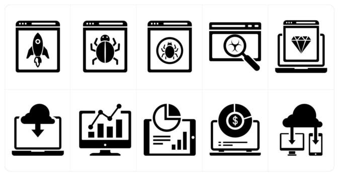 A set of 10 mix icons as browser launch, bug fixing, clean code in black color vector