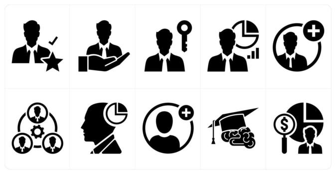 A set of 10 mix icons as best employee, autonomy employee, authentication in black color vector