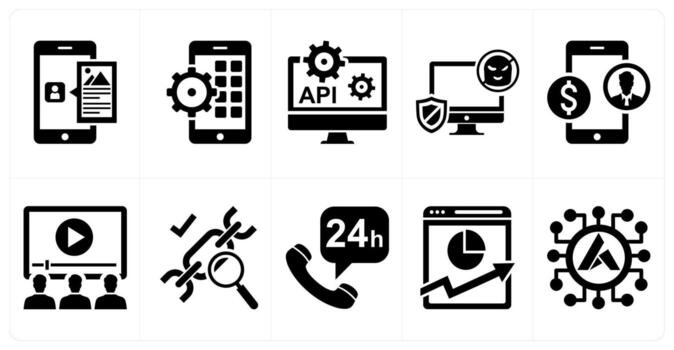 A set of 10 mix icons as application, app development, api configuration in black color vector