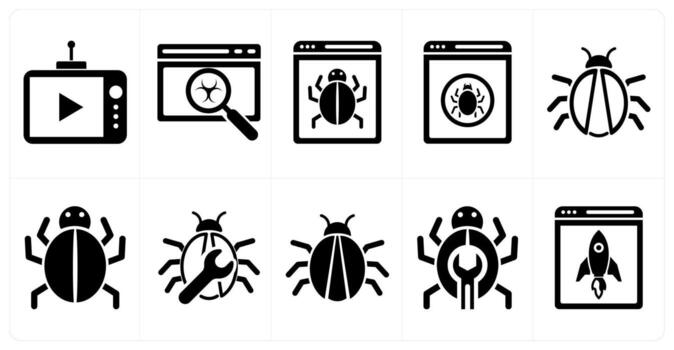 A set of 10 mix icons as broadcast, bug fixing, bug in black color vector
