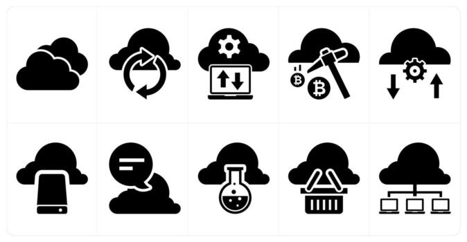 A set of 10 mix icons as cloud, cloud update, cloud computing, cloud mining in black color vector