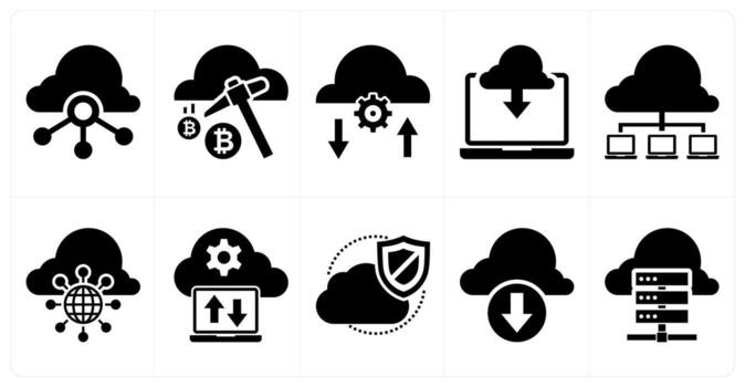 A set of 10 mix icons as cloud network connectivity, cloud mining, cloud settings in black color vector