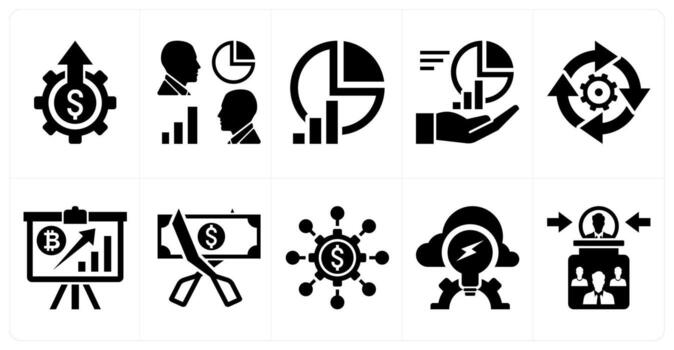 A set of 10 mix icons as cost cutting, competitive analysis, data analysis in black color vector