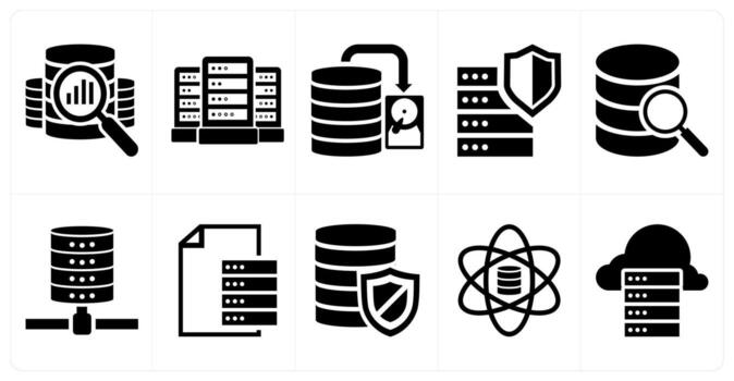 A set of 10 mix icons as database assessment, database server, database in black color vector