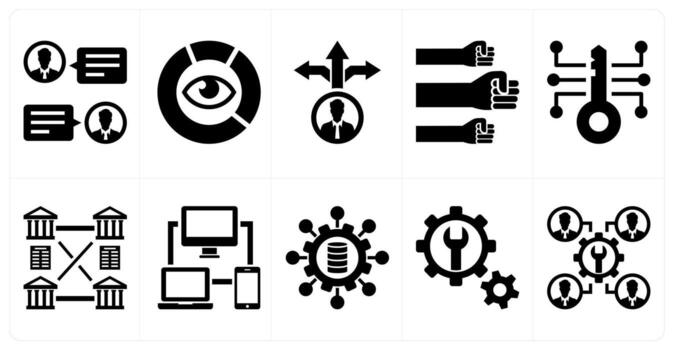 A set of 10 mix icons as discussion, data visulization, decision making in black color vector