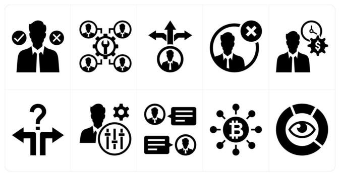 A set of 10 mix icons as decision making, development of staff, decision making in black color vector