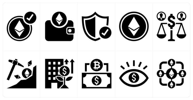 A set of 10 mix icons as ethereum accepted here, ethereum wallet, encrypted in black color vector