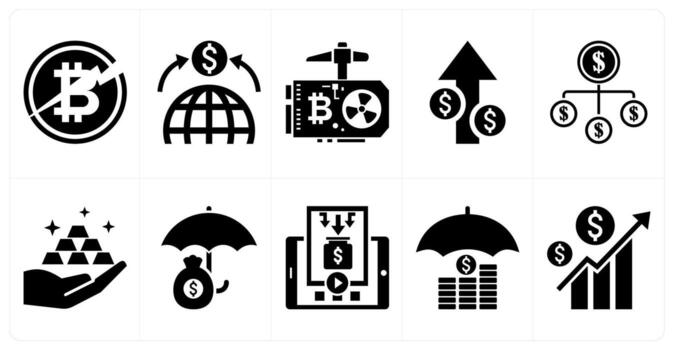 A set of 10 mix icons as halving, global fund raising, gpu mining in black color vector