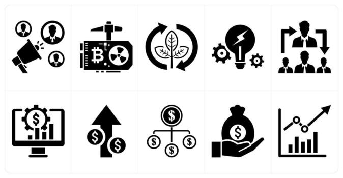A set of 10 mix icons as general solicitation, gpu mining, green cycle in black color vector