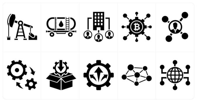 un conjunto de 10 mezcla íconos como petróleo minería, aceite, oficina estructura, nodo en negro color vector
