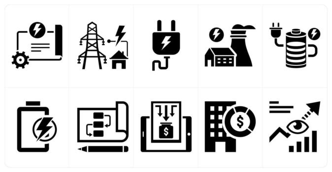 A set of 10 mix icons as power plan, power grid, power tools in black color vector