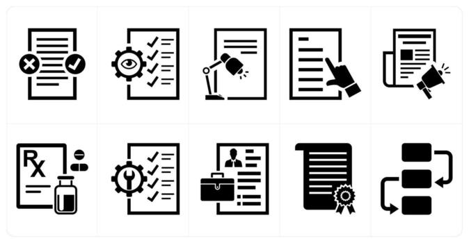 un conjunto de 10 mezcla íconos como corrección de pruebas, calidad control, leyendo en negro color vector