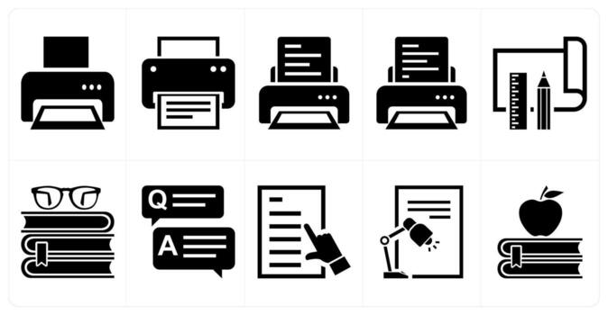 A set of 10 mix icons as printer, project development, reading in black color vector