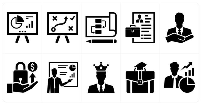 A set of 10 mix icons as presentation, problem solution, planning in black color vector