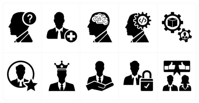 A set of 10 mix icons as question, add user, psychotherapy in black color vector