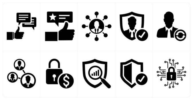 A set of 10 mix icons as reviews, resource allocation, secured profile in black color vector