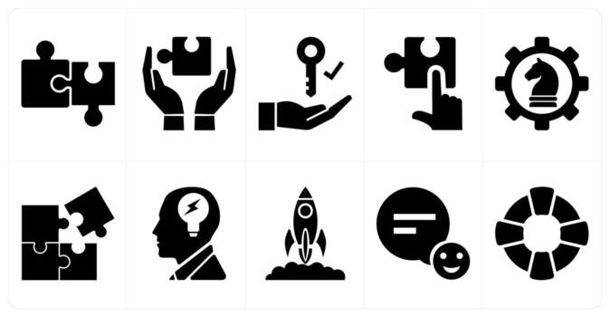 A set of 10 mix icons as solution, solution provider, strategic management in black color vector