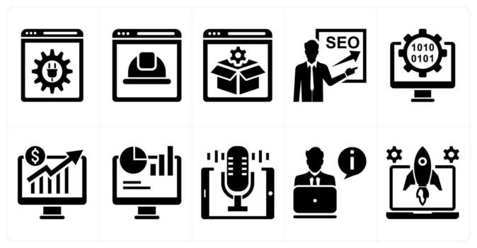 A set of 10 mix icons as socket, seo development, service package in black color vector