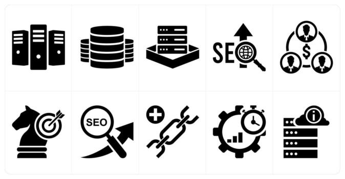A set of 10 mix icons as server provisioning, server, seo in black color vector