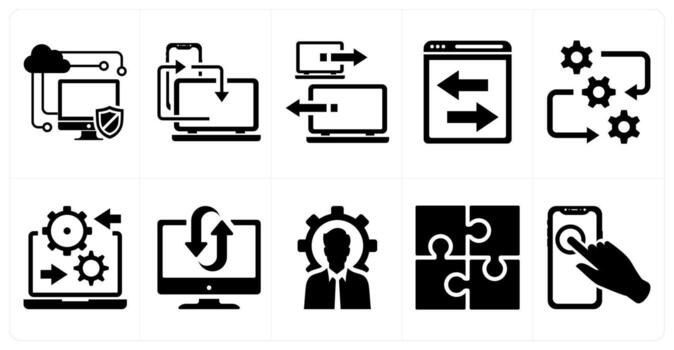 A set of 10 mix icons as technology, synchronize, system sharing in black color vector