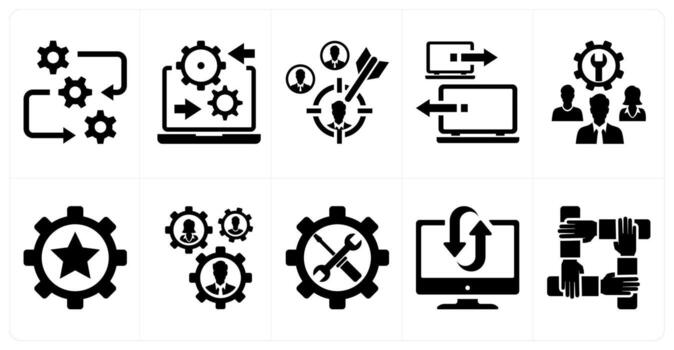 A set of 10 mix icons as system rectification, system integration, target audience in black color vector